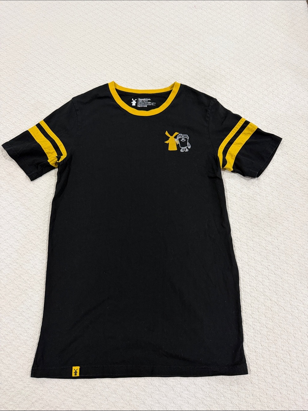Dutch Bros Black Tee with Yellow Sleeve Stripes